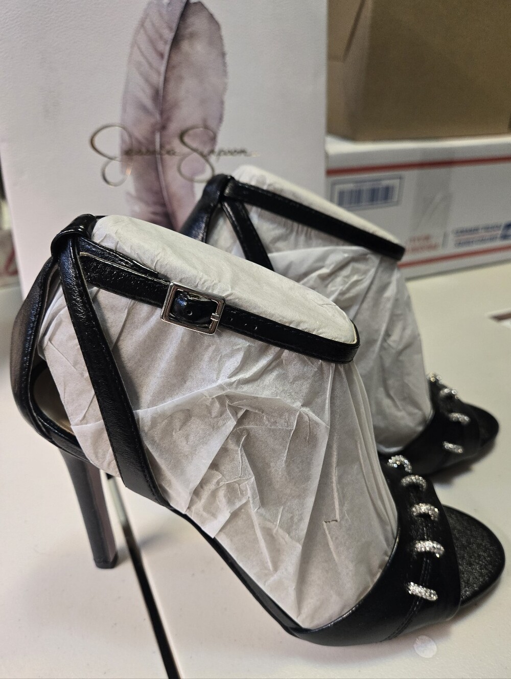 Jessica Simpson Black Strappy Crystal Accent High Heels